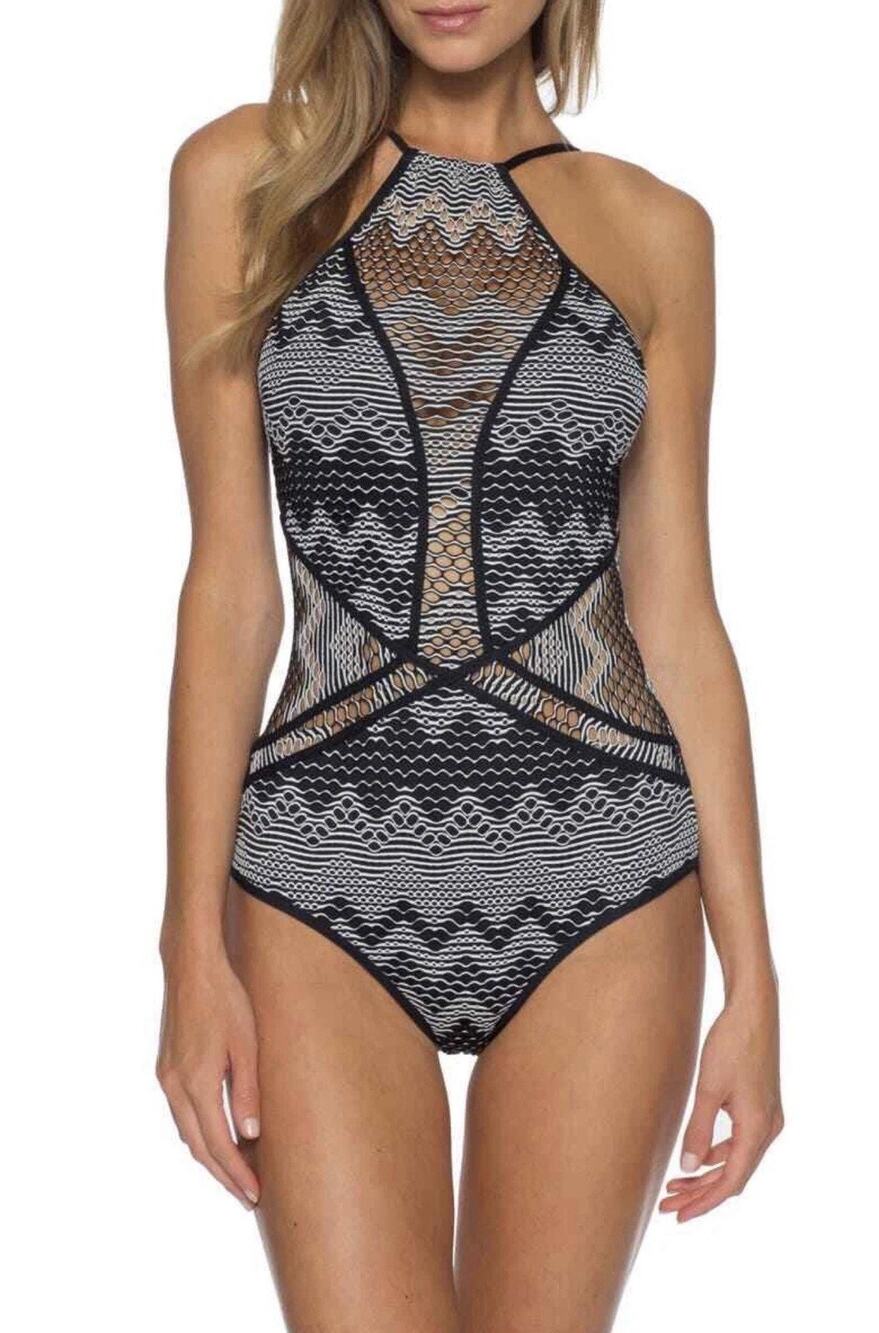 BECCA Reveal One Piece Swimsuit Medium Black White Crochet High Neck Cutout